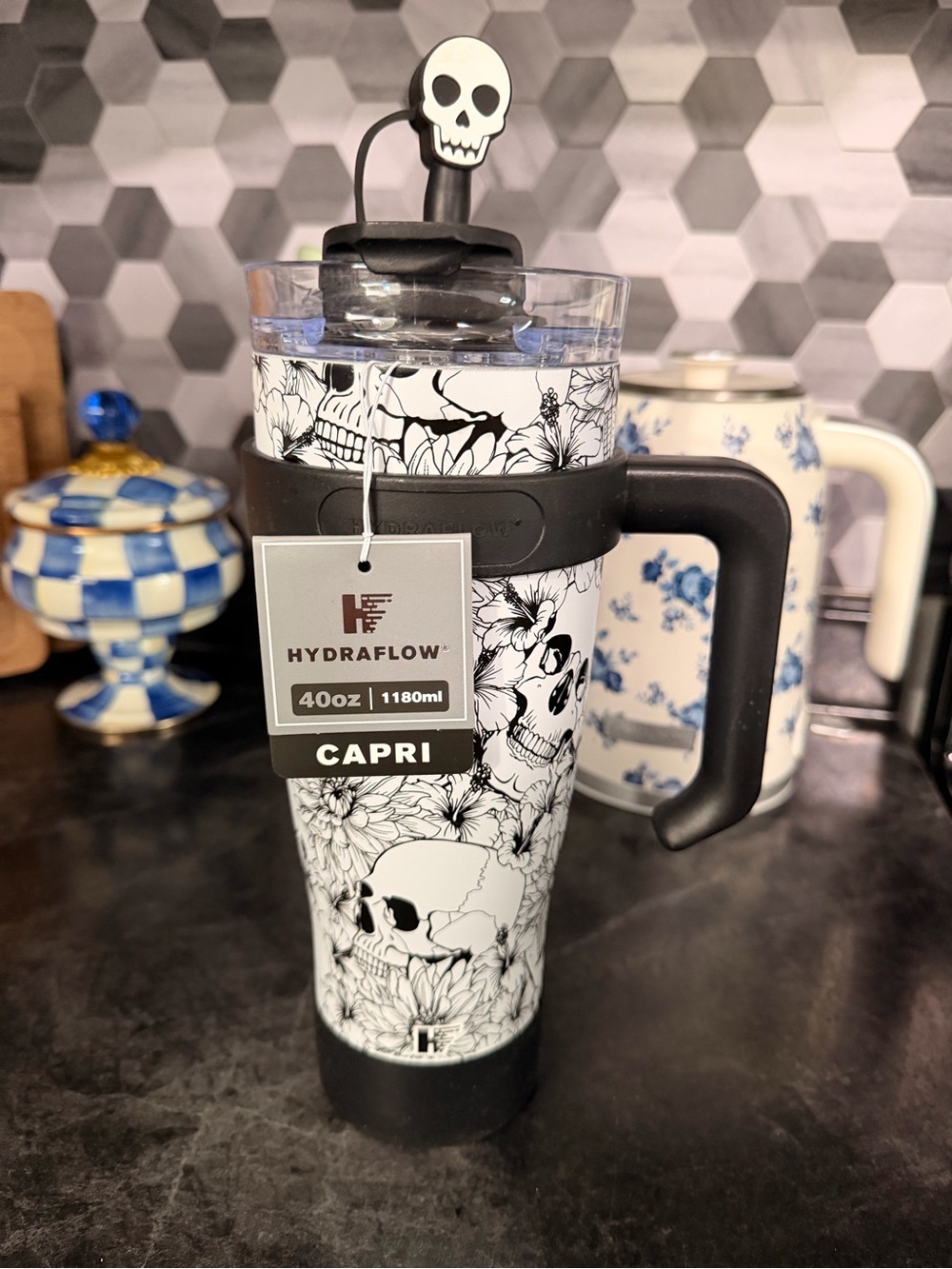Hydraflow Capri 40oz Travel Mug - Black & White Skull Floral